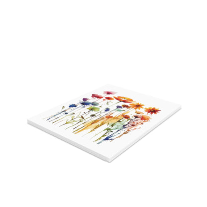 Wildflowers Greeting Cards — Pack of 8/16/24 featuring a watercolor-style painting of vibrant wildflowers with drippy stems, set on matte-finish cards. Each card includes a matching white envelope, perfect for joyful messages.
