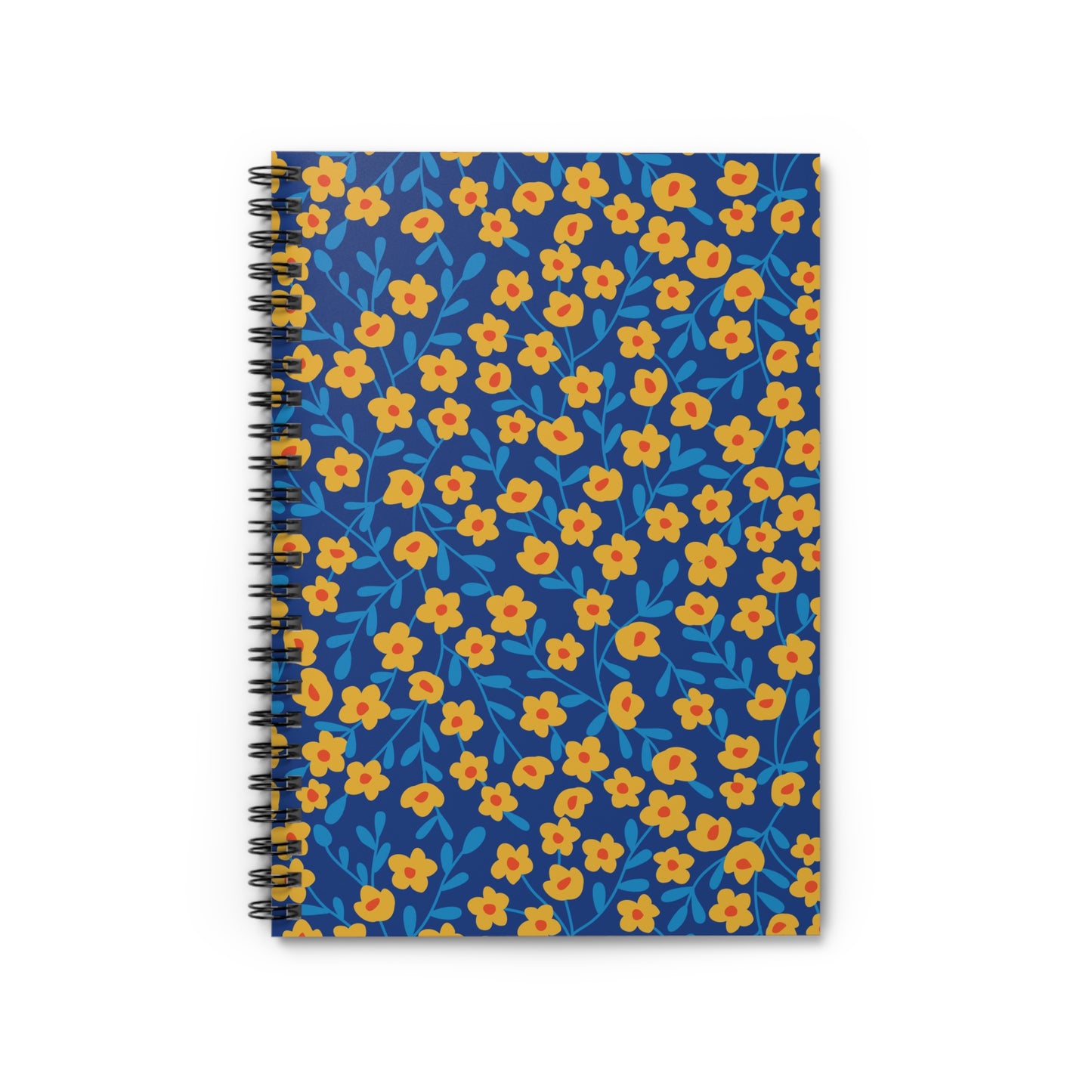 Floral Spiral Notebook with a deep blue cover featuring stylized yellow-orange flowers. Equipped with black metal coils for easy page turning, this compact 6x8 notebook inspires creativity and organization.