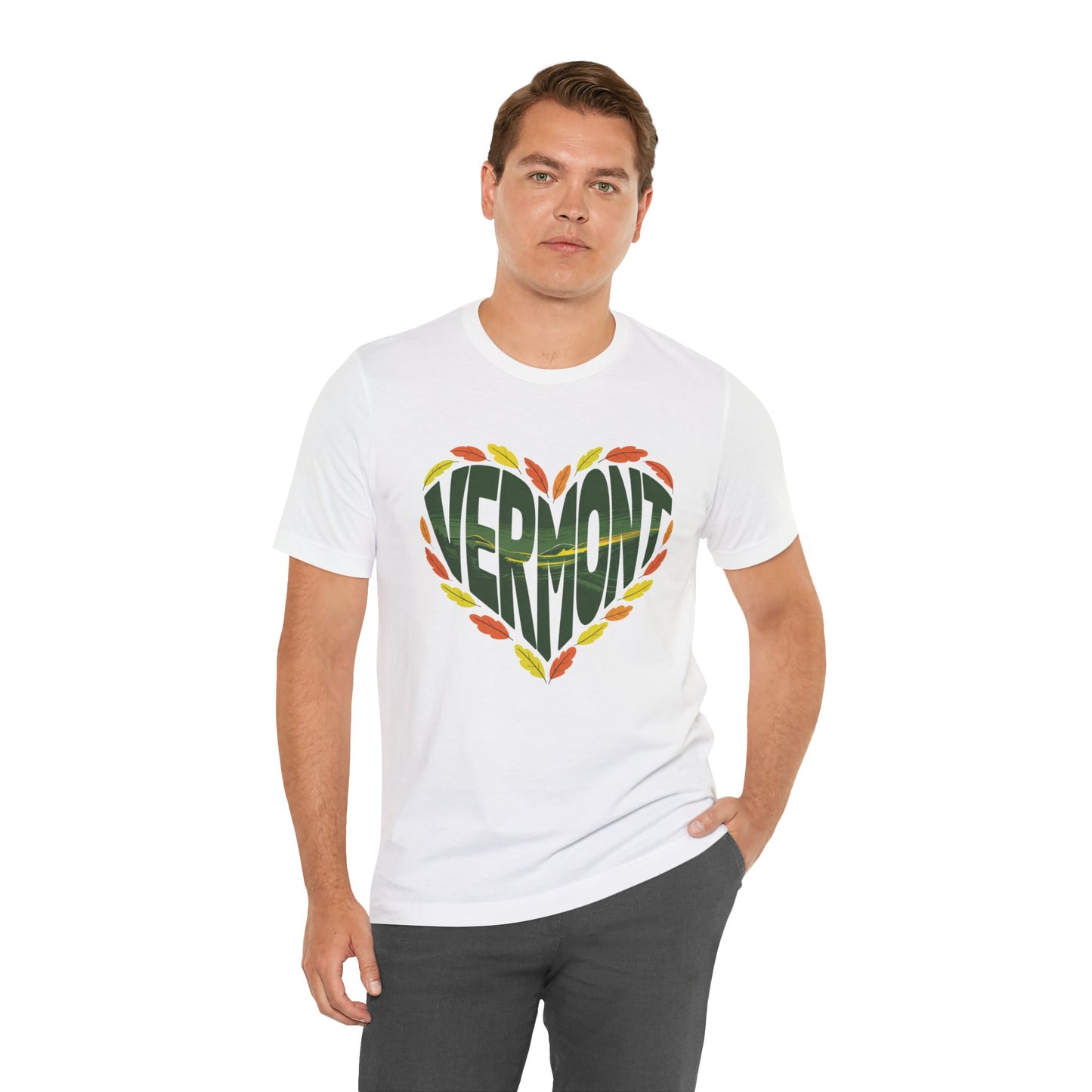 Vermont Love Bella+Canvas Unisex T-Shirt showcasing a relaxed, outdoorsy design. Ideal for nature enthusiasts, it offers a retail fit with shoulder tape and ribbed knit collar, embodying FireBrook Essentials' blend of comfort and style.