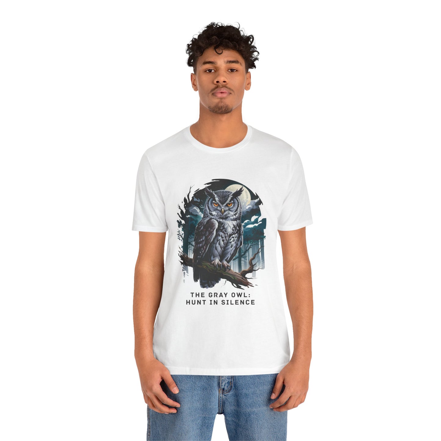 The Gray Owl: Hunt in Silence Bella+Canvas Unisex T-Shirt features a stylish owl design, perfect for nature enthusiasts, emphasizing comfort and casual elegance from FireBrook Essentials.