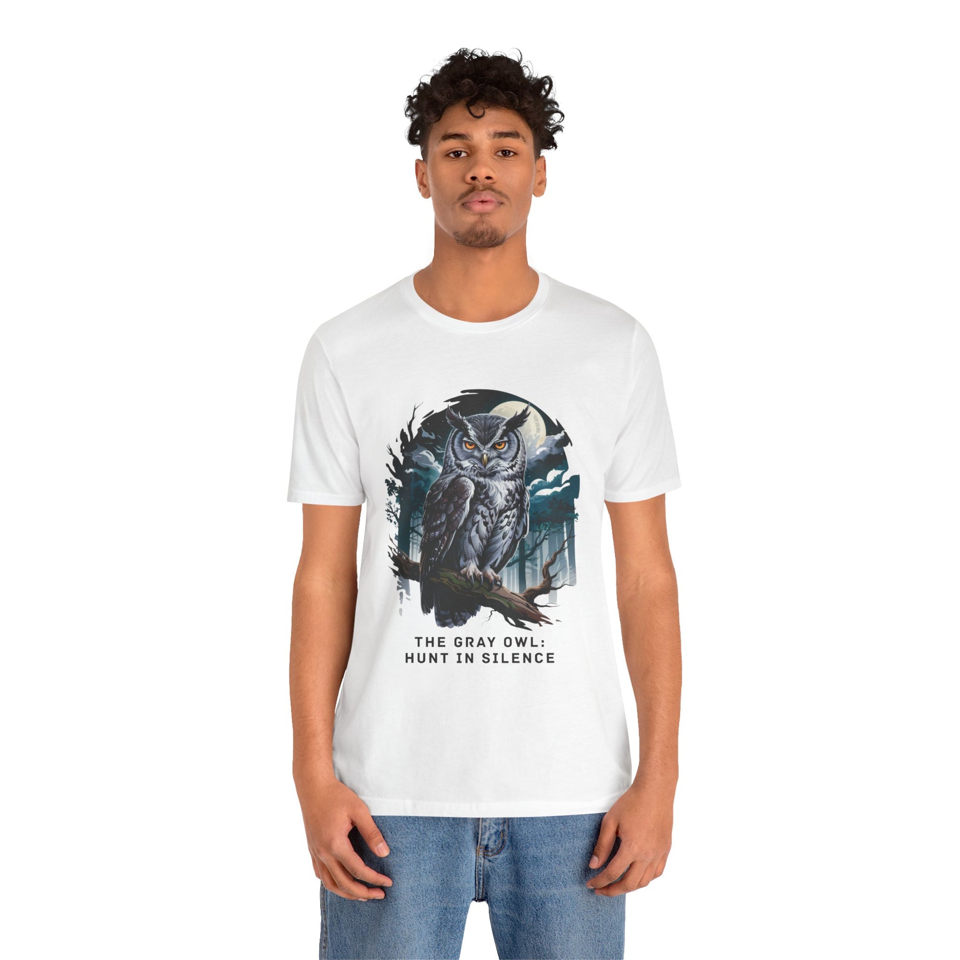 The Gray Owl: Hunt in Silence Bella+Canvas Unisex T-Shirt features a stylish owl design, perfect for nature enthusiasts, emphasizing comfort and casual elegance from FireBrook Essentials.