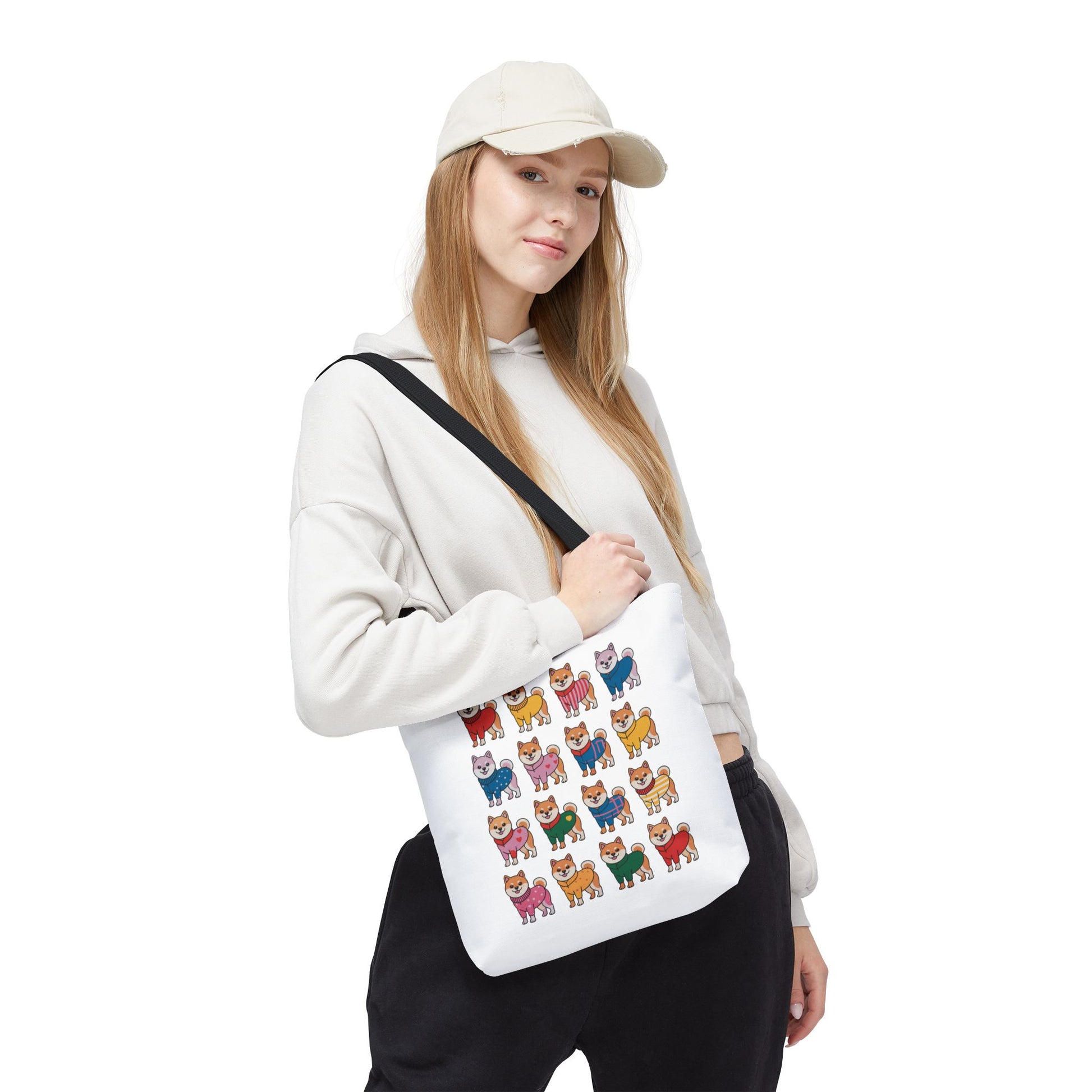 Shiba Inu Grid Tote Bag with Colorful Outfits features playful Shiba Inus in unique, vibrant attire on a durable polyester tote, perfect for adding whimsy to everyday errands.