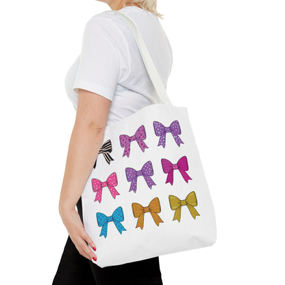 Woman carrying the Bows Ribbons Tote Bag, featuring playful bow prints, perfect for fashion lovers seeking style and practicality in everyday carry-all essentials.