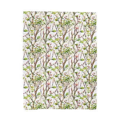 Plush Blanket - Blooming Forest Floor Design: Features a pattern of branches with early leaves and blooming flowers, reflecting a serene, nature-inspired aesthetic. Perfect for cozy moments and gifting occasions.