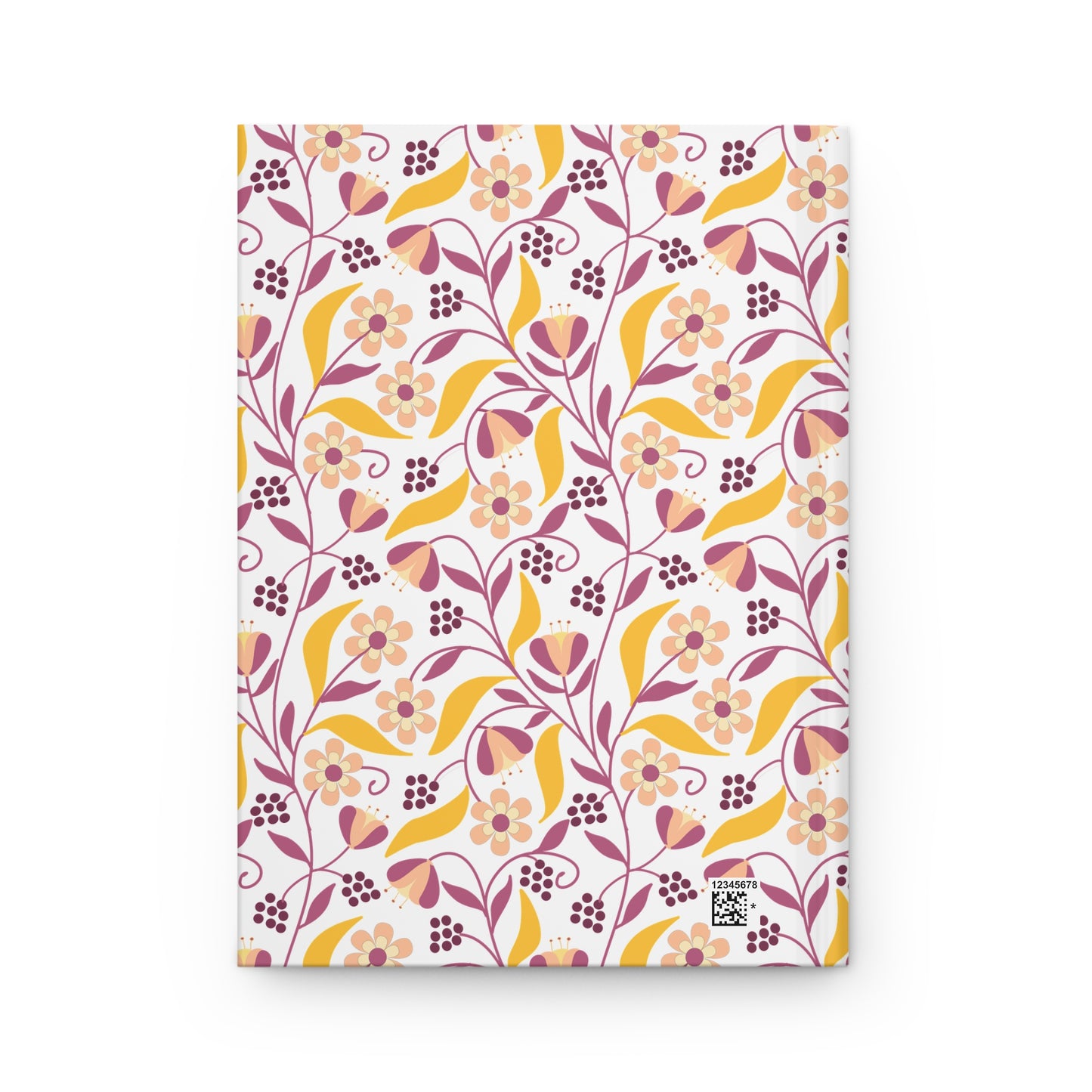 HARDCOVER JOURNAL, MATTE, RULED, 5X7, SEWN BIND, CLEAN-TEAR PAGES – FLORAL VINE features a vibrant floral pattern on the cover with peach, rose-pink, and mustard yellow hues, enhancing FireBrook Designs' cheerful essence.