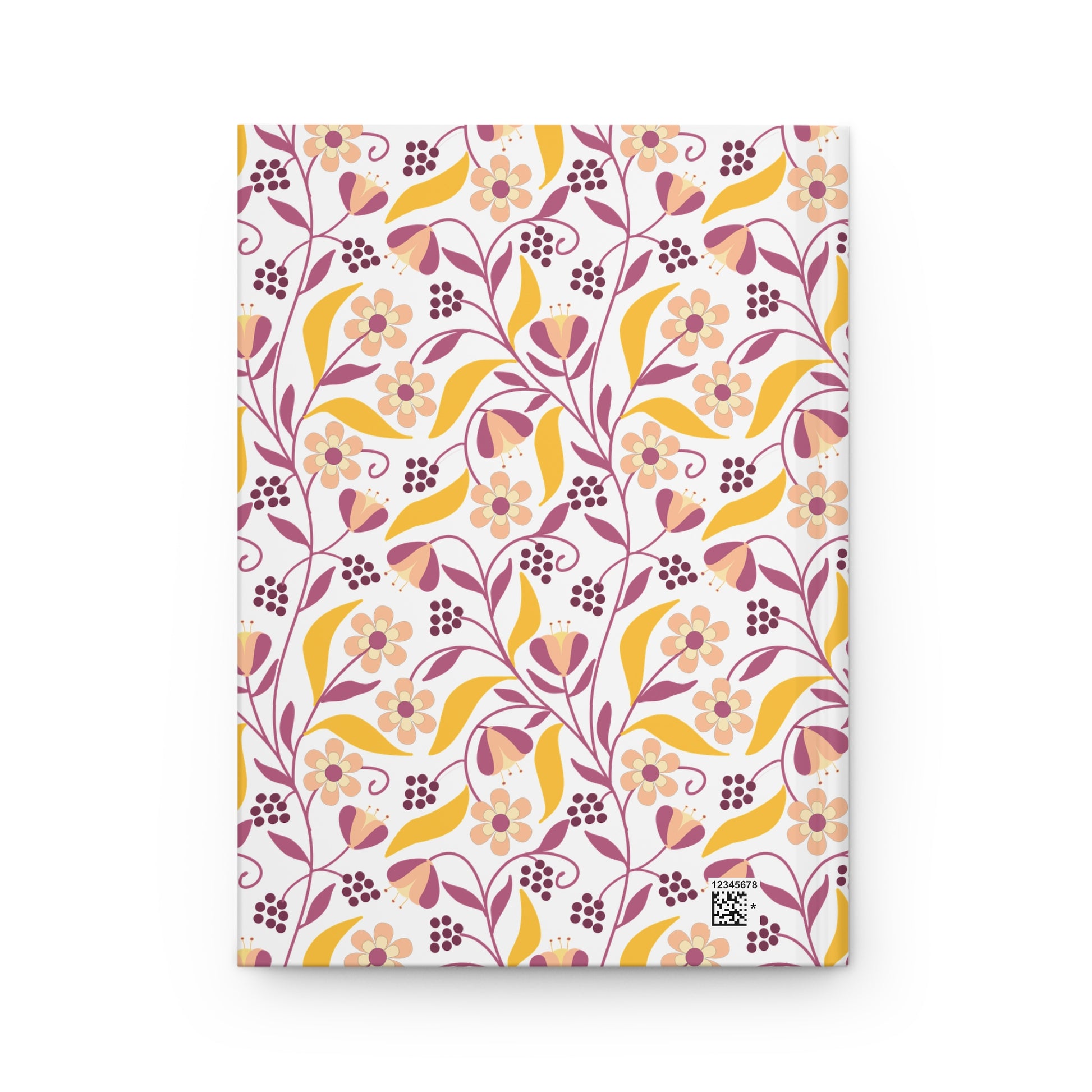 HARDCOVER JOURNAL, MATTE, RULED, 5X7, SEWN BIND, CLEAN-TEAR PAGES – FLORAL VINE features a vibrant floral pattern on the cover with peach, rose-pink, and mustard yellow hues, enhancing FireBrook Designs' cheerful essence.