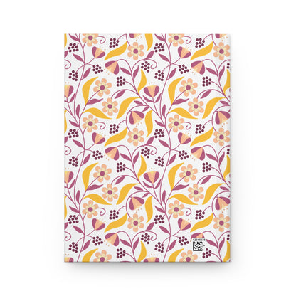 HARDCOVER JOURNAL, MATTE, RULED, 5X7, SEWN BIND, CLEAN-TEAR PAGES – FLORAL VINE features a vibrant floral pattern on the cover with peach, rose-pink, and mustard yellow hues, enhancing FireBrook Designs' cheerful essence.