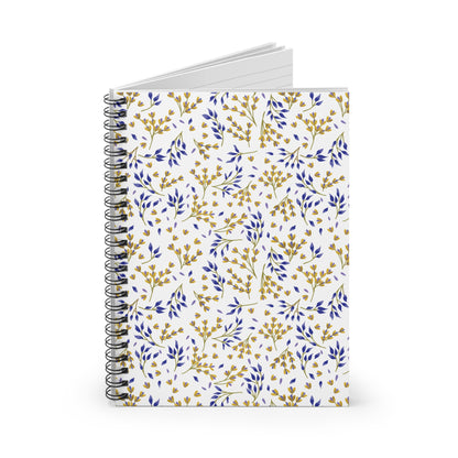 SPIRAL NOTEBOOK, DURABLE COVER, RULED, 6X8 – SPRING BRANCHES features a botanical motif on its white cover, black wire-o binding, and visible plain pages, embodying FireBrook Designs' uplifting and eco-friendly ethos.