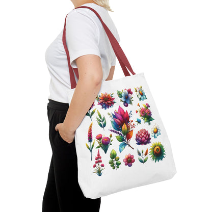 Floral Tote Bag held by a woman, featuring a colorful flower design, ideal for everyday use with durable polyester and reinforced stitching.
