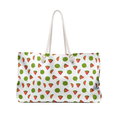 Watermelon Confetti Pattern Weekender Bag – Fun Summer Travel Tote featuring a playful watermelon design with pinks and greens, durable rope handles, and a spacious interior, perfect for joyful, stylish getaways.
