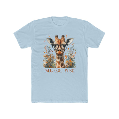 Tall, Cool, Wise Giraffe Next Level Unisex T-Shirt features a giraffe wearing glasses, embodying a whimsical and stylish design, perfect for adding a touch of fun to your winter wardrobe.