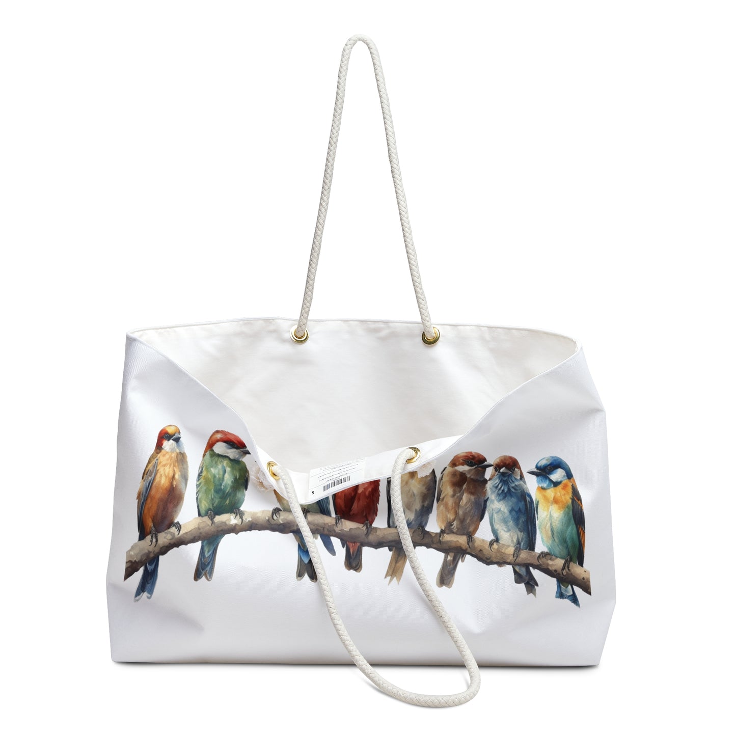 Weekender Tote Bag - Birds on a Branch Travel Tote features a nature-inspired bird design on a white background. Perfect for travel, with rope handles and a spacious interior for easy packing.