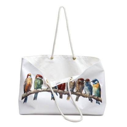 Weekender Tote Bag - Birds on a Branch Travel Tote features a nature-inspired bird design on a white background. Perfect for travel, with rope handles and a spacious interior for easy packing.
