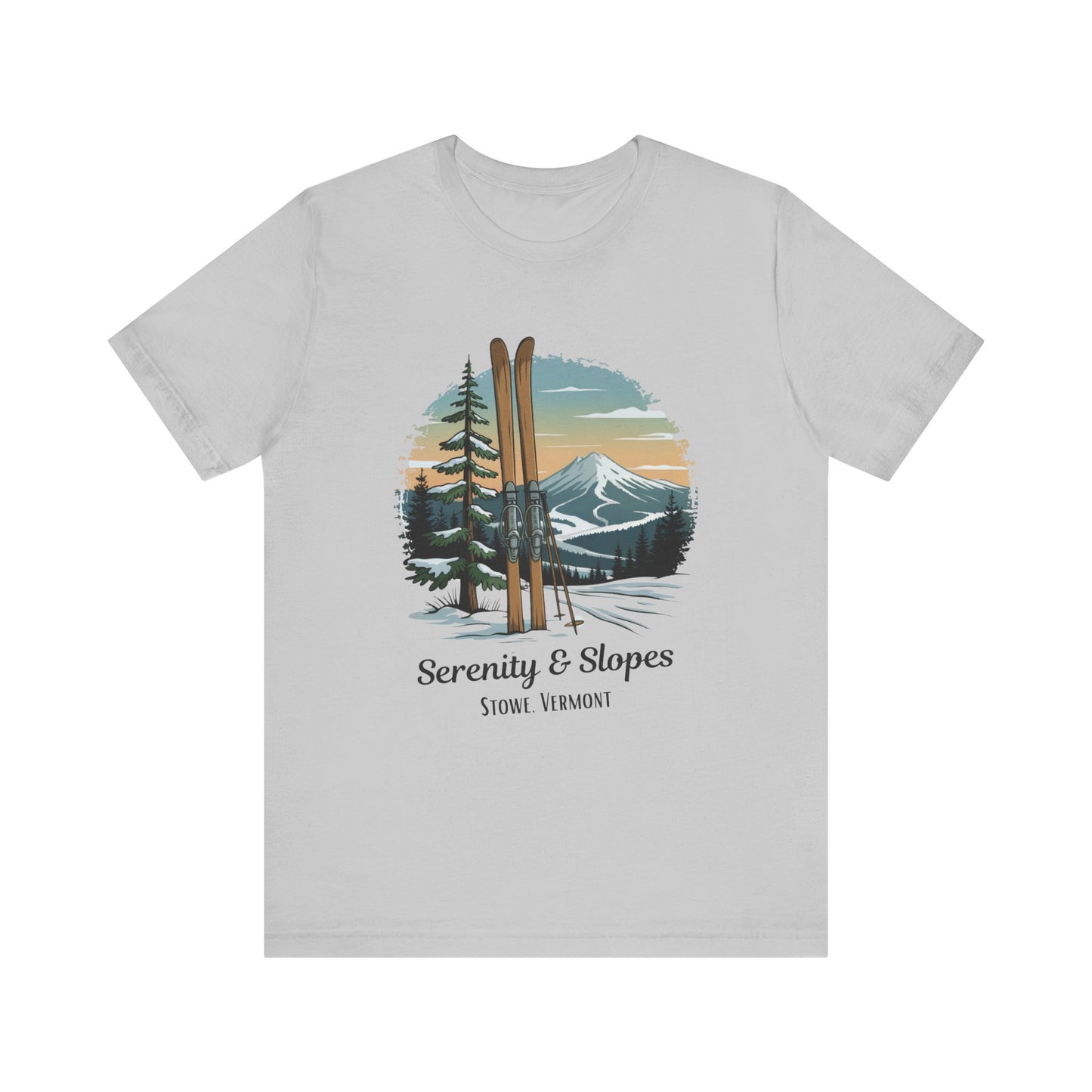 Stowe, Vermont: Serenity & Slopes T-Shirt showcases a lightweight, breathable design, perfect for ski enthusiasts, embodying FireBrook Essentials' ethos of comfort and joy in stylish, uplifting apparel.