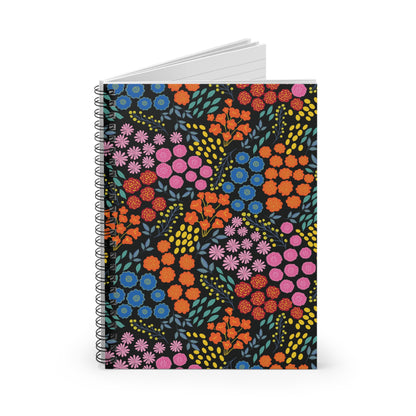 Floral Spiral Notebook with vibrant floral patterns, featuring a sleek black cover and sturdy spiral binding, ideal for creative note-taking and organization. Perfect for students, professionals, and thoughtful gifting.