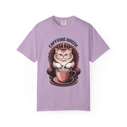 Cat Caffeine Queen T-shirt featuring a cartoon cat with a crown and coffee beans, embodying playful style and comfort, perfect for cat and coffee lovers.
