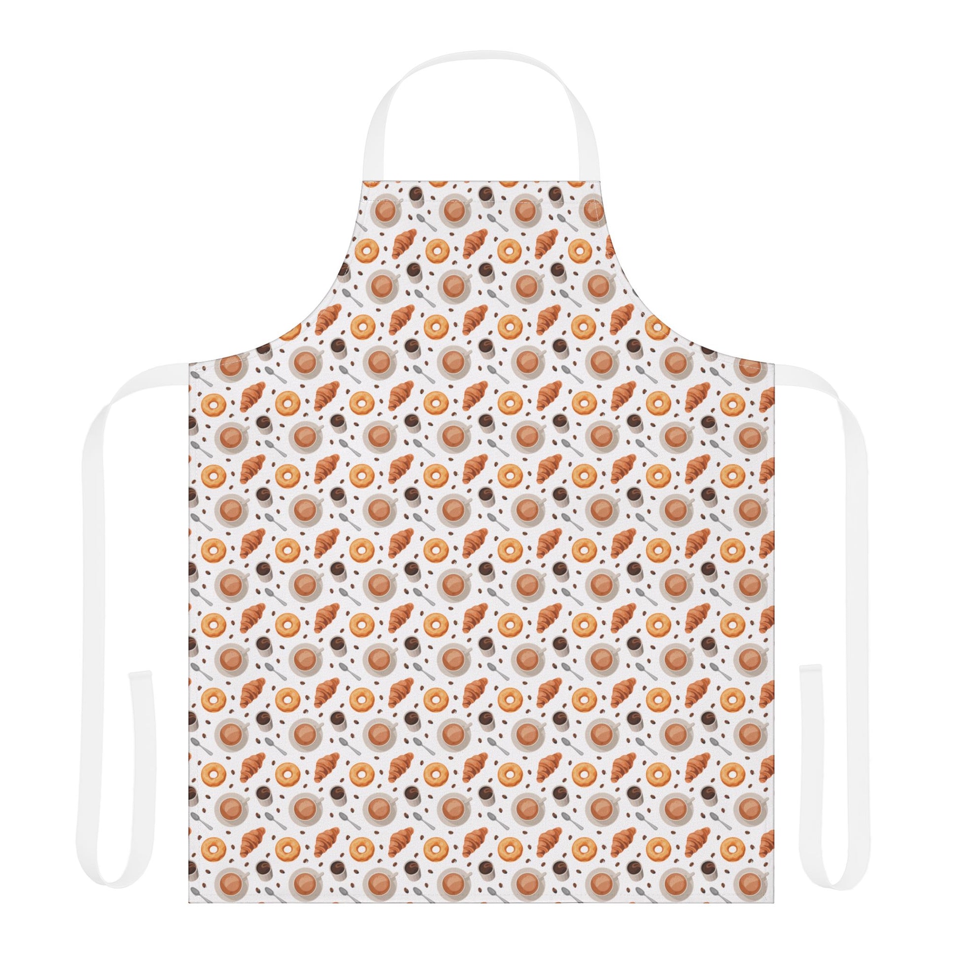 Apron Coffee Cups Donuts Croissants Beans Spoon: A charming apron with a playful design of coffee cups, donuts, croissants, beans, and spoons, reflecting FireBrook Designs' uplifting and joyful aesthetic.