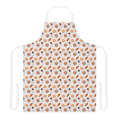 Apron Coffee Cups Donuts Croissants Beans Spoon: A charming apron with a playful design of coffee cups, donuts, croissants, beans, and spoons, reflecting FireBrook Designs' uplifting and joyful aesthetic.
