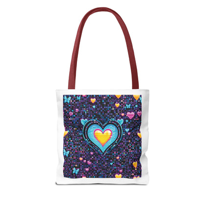 Heart Pixelated Nostalgic Cyber-Aesthetic Tote Bag with vibrant heart and butterfly design, ideal for stylish everyday use. Durable polyester, reinforced handles, available in multiple sizes.