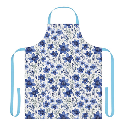 Apron, Blue Wildflower Pattern: A close-up of a hand-painted indigo blue wildflower design on an apron, showcasing its artistic, calming watercolor texture, perfect for adding style and positivity to daily tasks.