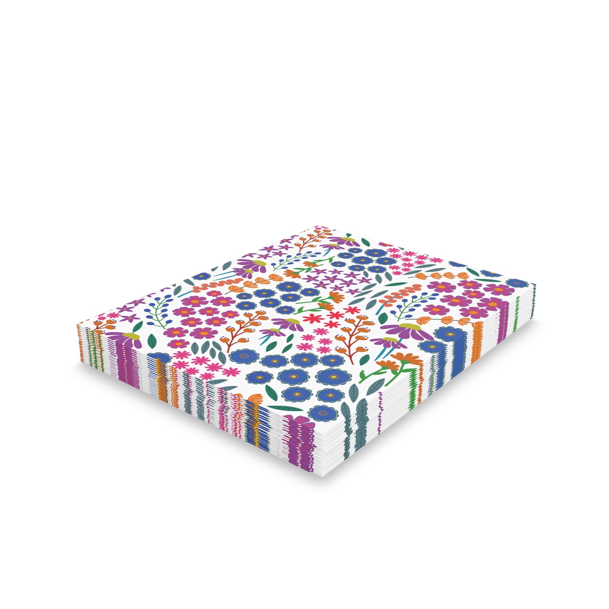 Floral Greeting Cards — Pack of 8/16/24 feature vibrant, colorful floral patterns on square paper napkins, showcasing clusters of stylized flowers and leaves, perfect for heartfelt messages with matching envelopes.