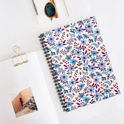 Floral Spiral Notebook with stylized blue, violet, and orange flowers on the cover. Perfect for creativity, journaling, and note-taking, reflecting FireBrook Designs' joyful, uplifting ethos in stylish, practical design.