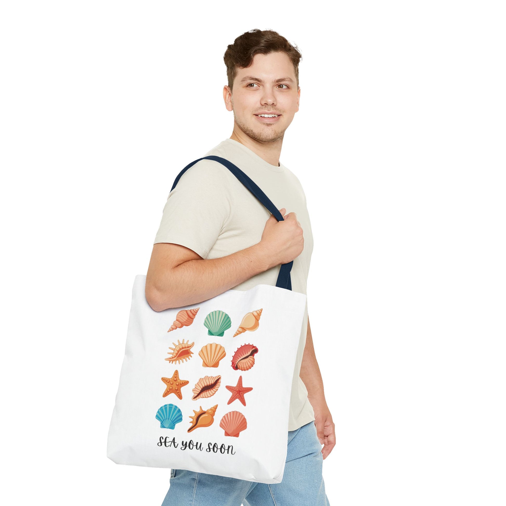 Sea You Soon Sea Shells Tote Bag featuring a beachy design with sea shells, ideal for ocean lovers. This durable tote bag is perfect for beach trips and casual outings.