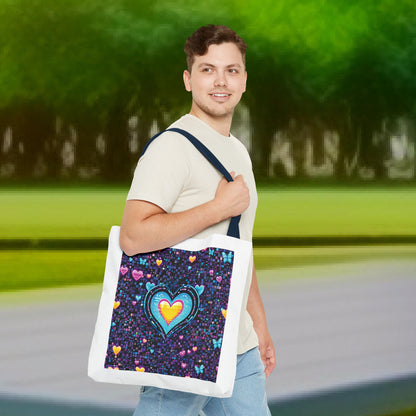 Man carrying Heart Pixelated Nostalgic Cyber-Aesthetic Tote Bag with pixelated heart design, showcasing its stylish and durable features for everyday use.
