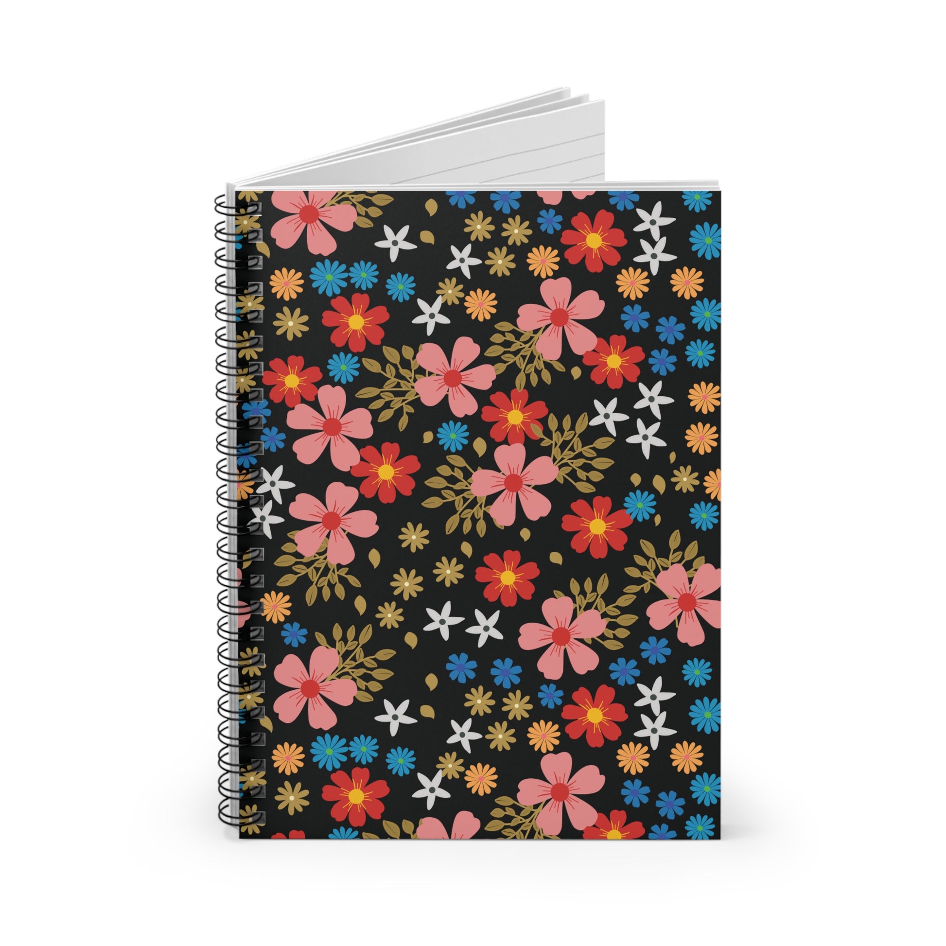 Floral Spiral Notebook with colorful floral and gold leaf pattern on black cover, showcasing white lined pages. Ideal for creative expression, this stylish, uplifting design embodies FireBrook Essentials' commitment to joy and functionality.