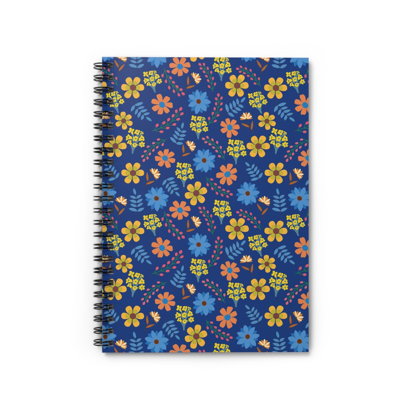 Floral Spiral Notebook with dark blue cover featuring vibrant yellow, orange, and light blue flowers, ideal for creative note-taking, journaling, or sketching, offering both style and functionality.