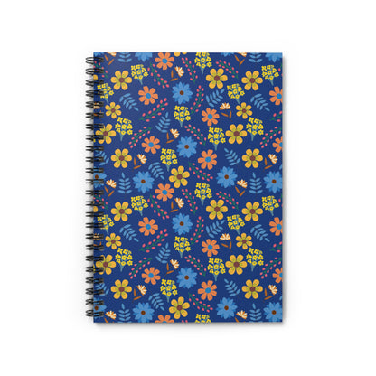 Floral Spiral Notebook with dark blue cover featuring vibrant yellow, orange, and light blue flowers, ideal for creative note-taking, journaling, or sketching, offering both style and functionality.