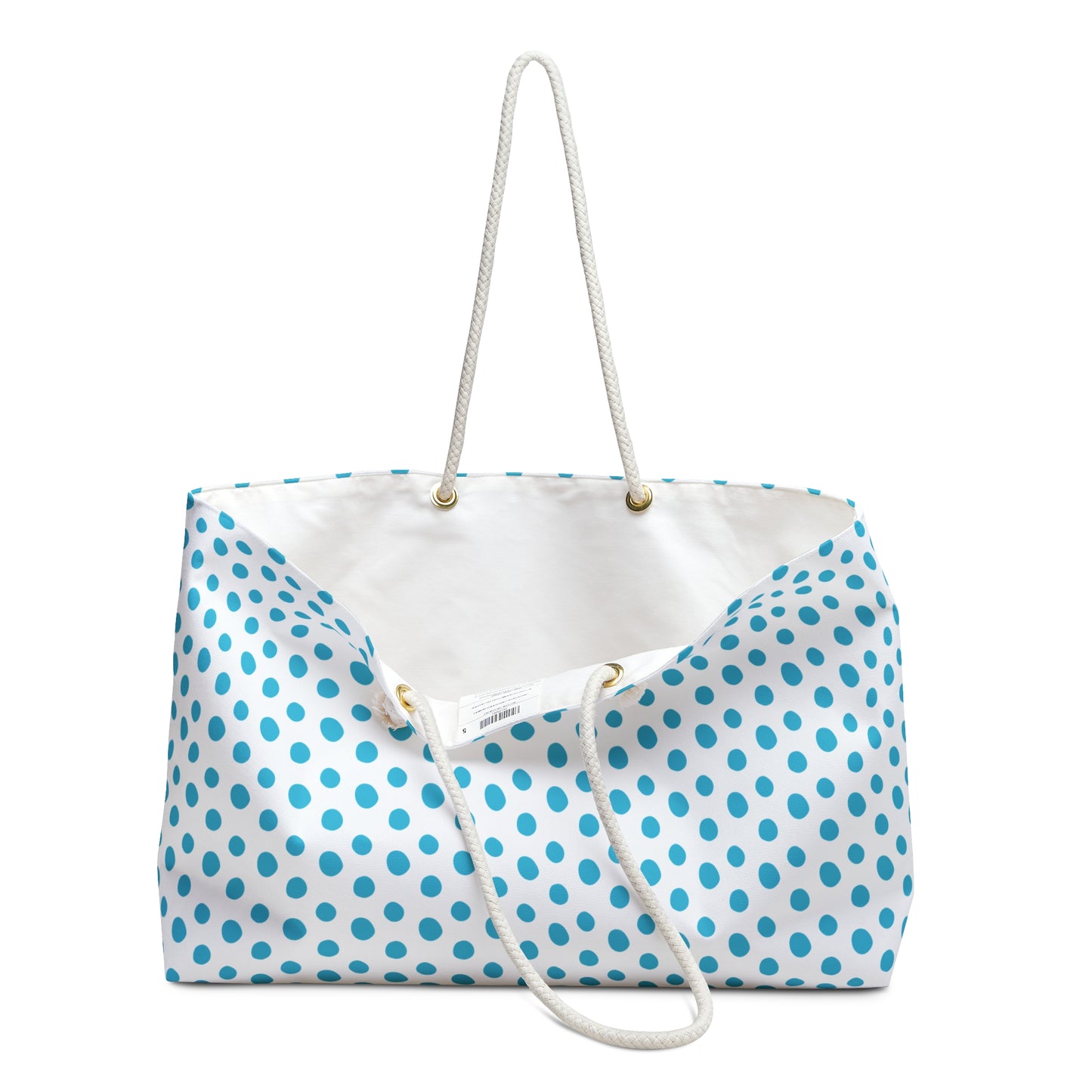 Weekender Bag - Light Blue Polka Dots Travel Tote features a playful design with rope handles, ideal for stylish weekend getaways. Perfect for travelers seeking a vibrant, spacious accessory.