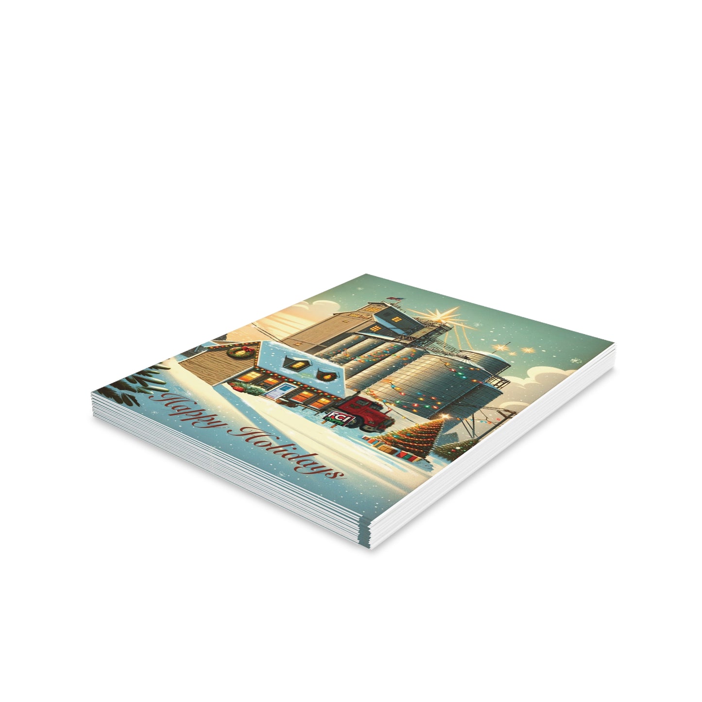 Greeting Cards — Mill - Pack of 8/16/24 features festive note cards with a snowy farmhouse scene, Christmas lights, and Happy Holidays text; includes envelopes for personal messages.
