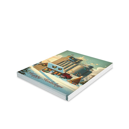 Greeting Cards — Mill - Pack of 8/16/24 features festive note cards with a snowy farmhouse scene, Christmas lights, and Happy Holidays text; includes envelopes for personal messages.