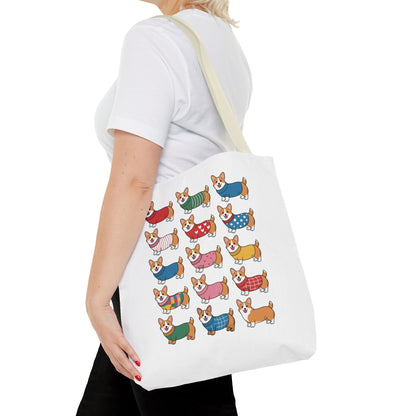 Cheerful Corgi Cartoon Style Dog Lover Tote Bag featuring adorable corgis in playful outfits, perfect for dog enthusiasts seeking a whimsical, durable accessory from FireBrook Essentials. Available in three sizes with multiple handle options.