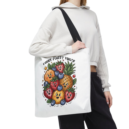Fruit Party Tote Bag - Fun Summer Vibes features playful fruit graphics on a durable polyester body, ideal for summer outings. Reinforced handles and boxed corners offer style and functionality.