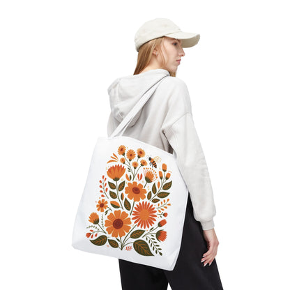 Folk Floral Tote Bag featuring hand-drawn wildflowers in warm hues. Ideal for nature lovers, this durable, stylish accessory is perfect for daily use, reflecting FireBrook Essentials' uplifting design philosophy.