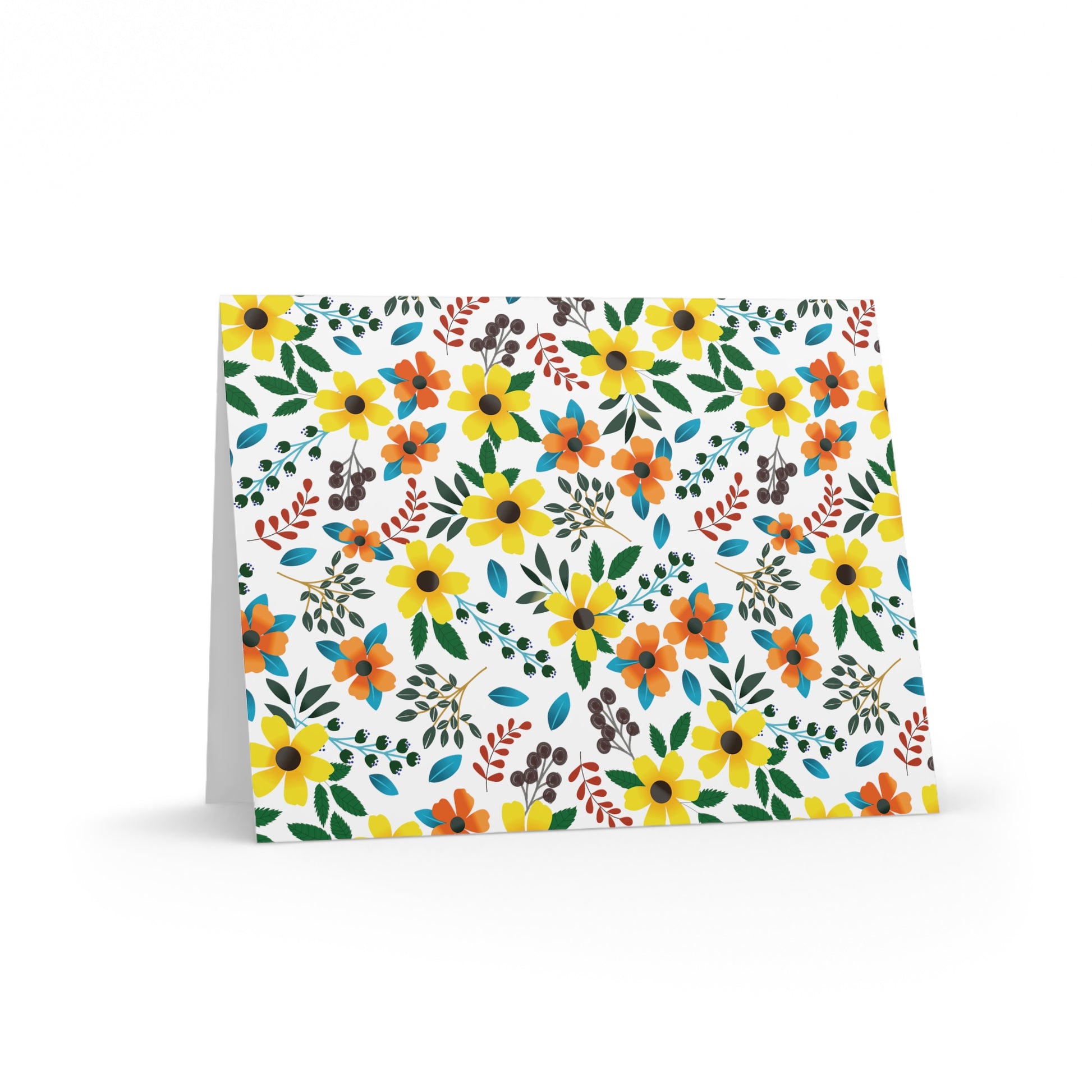 Floral Greeting Cards — Pack of 8/16/24 feature hand-drawn wildflowers in vibrant colors. These matte-finish cards, perfect for personal notes, come with matching envelopes, embodying FireBrook Designs' joyful, uplifting style.