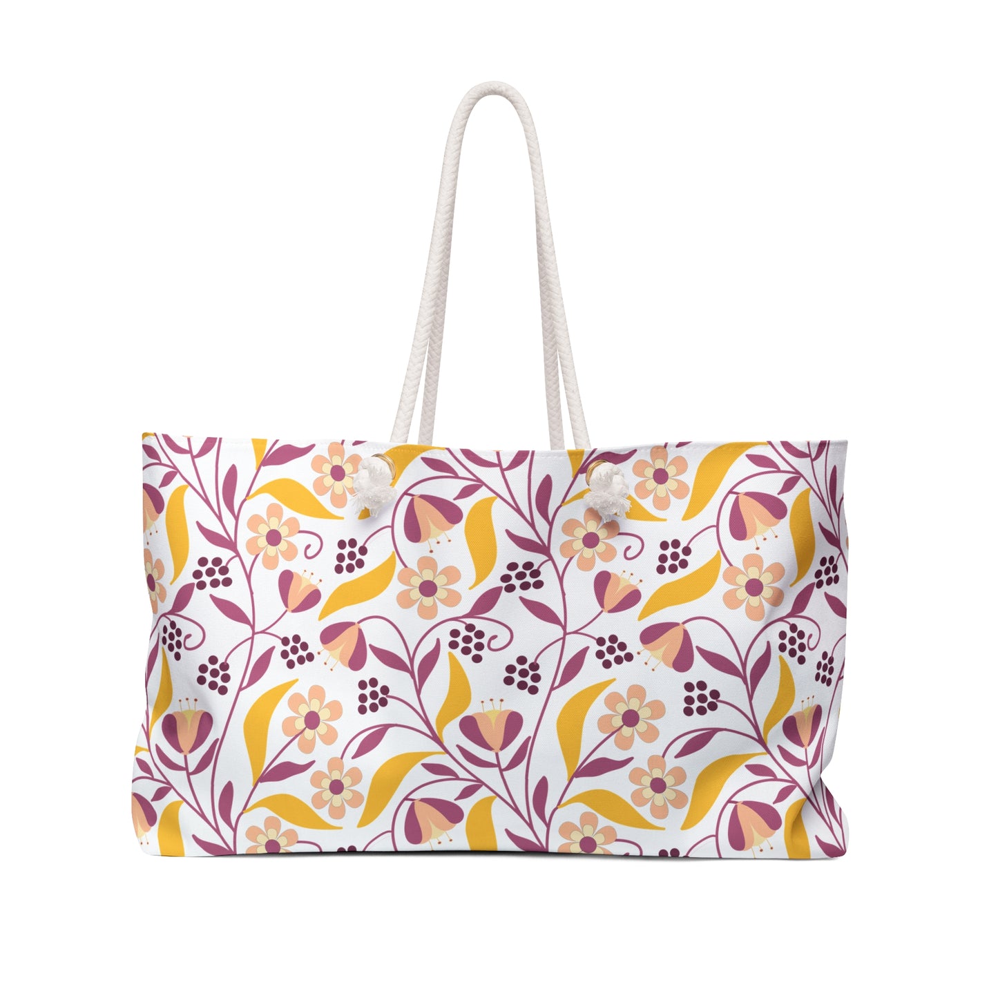 Weekender Bag with a vibrant floral-and-foliage pattern and sturdy rope handles, ideal for stylish, joyful travel.