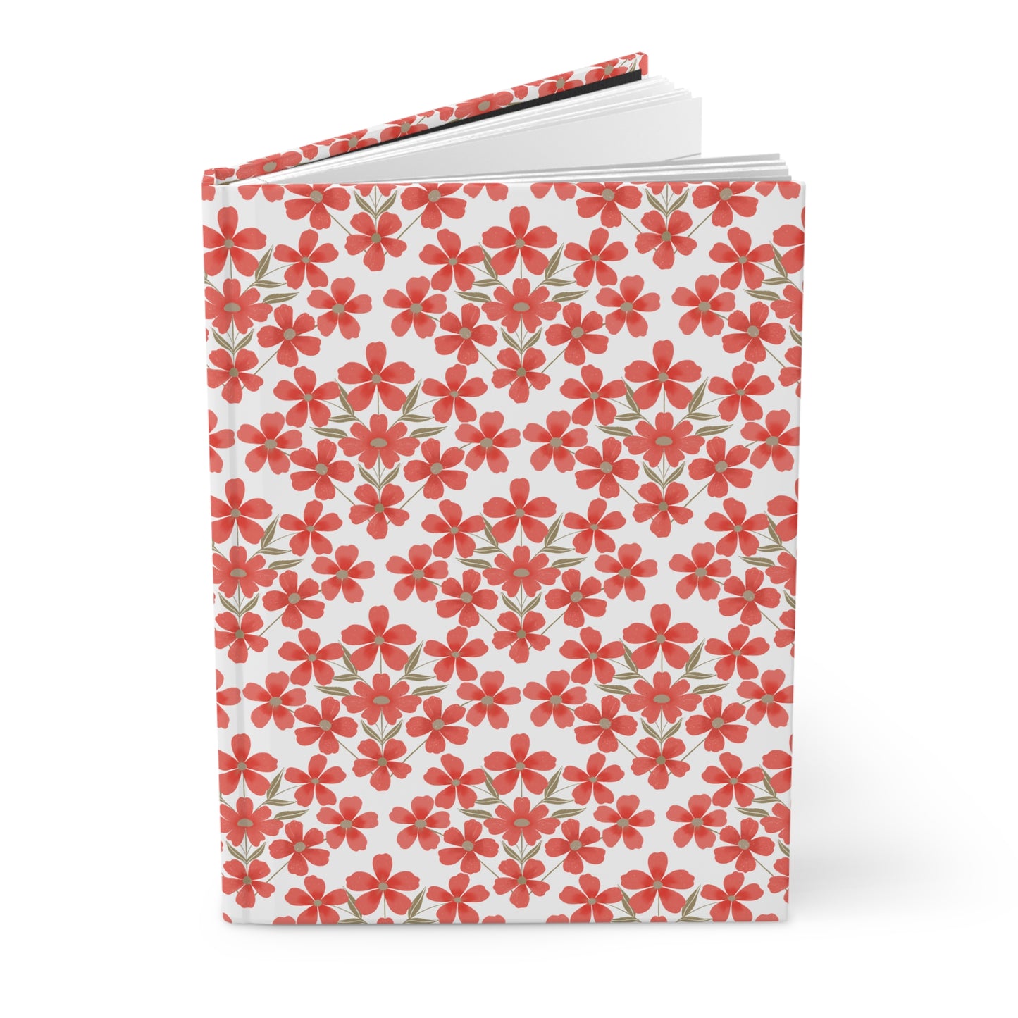 HARDCOVER JOURNAL, MATTE, RULED, 5X7, SEWN BIND, CLEAN-TEAR PAGES - FLORAL GRID, featuring a vivid floral pattern of red flowers and green leaves on a durable, matte-finished cover, slightly open to reveal lined pages.
