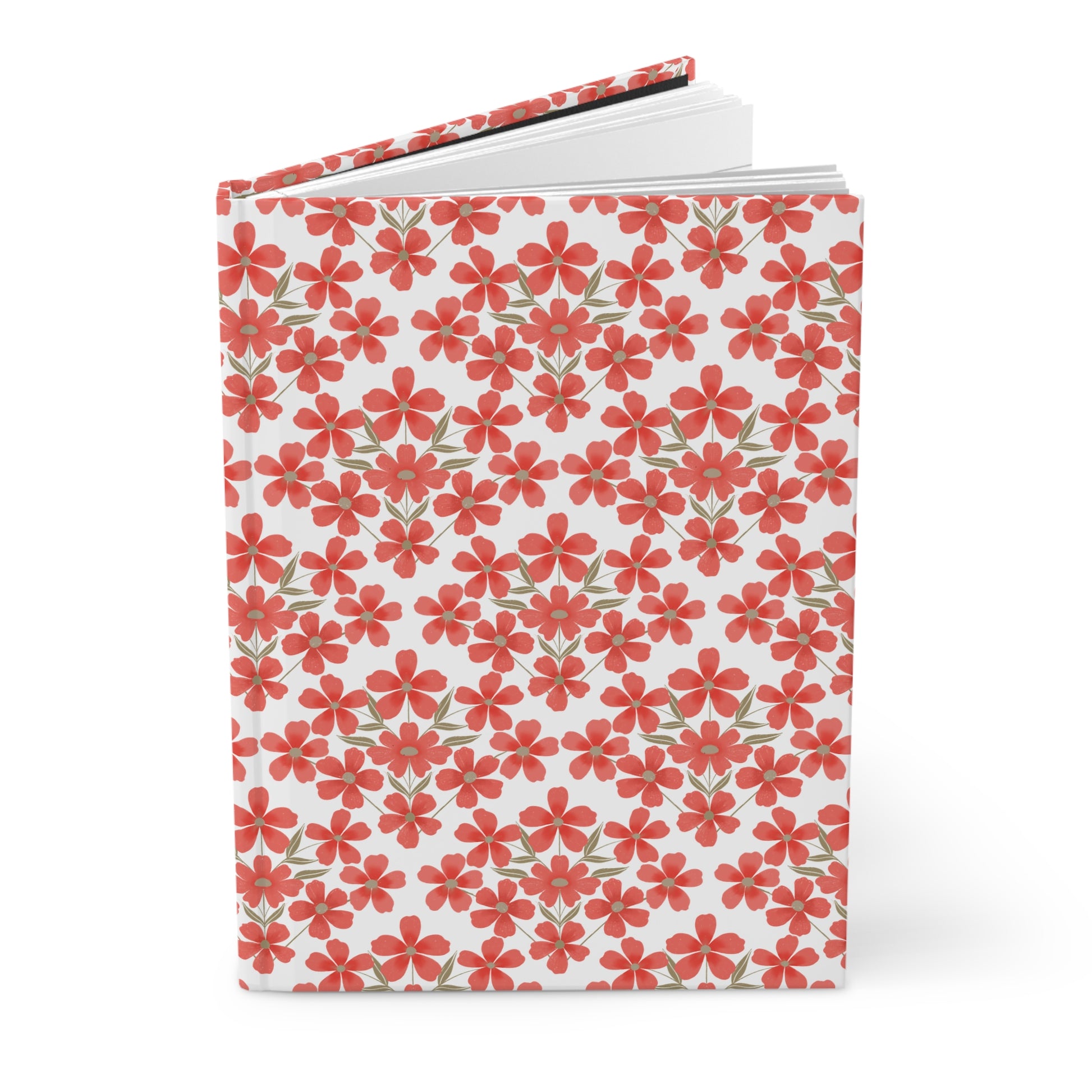 HARDCOVER JOURNAL, MATTE, RULED, 5X7, SEWN BIND, CLEAN-TEAR PAGES - FLORAL GRID, featuring a vivid floral pattern of red flowers and green leaves on a durable, matte-finished cover, slightly open to reveal lined pages.
