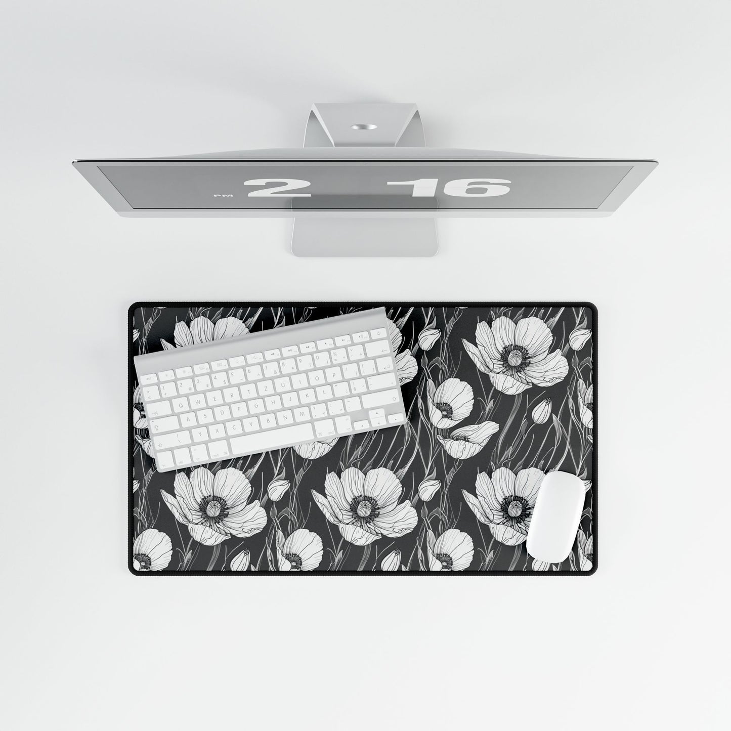 Monochrome Poppies Floral Desk Mat, Computer Desk Pad, Gift for Her: A detailed black-and-white poppy line art pattern on a desk mat, enhancing workspace elegance with modern floral design.