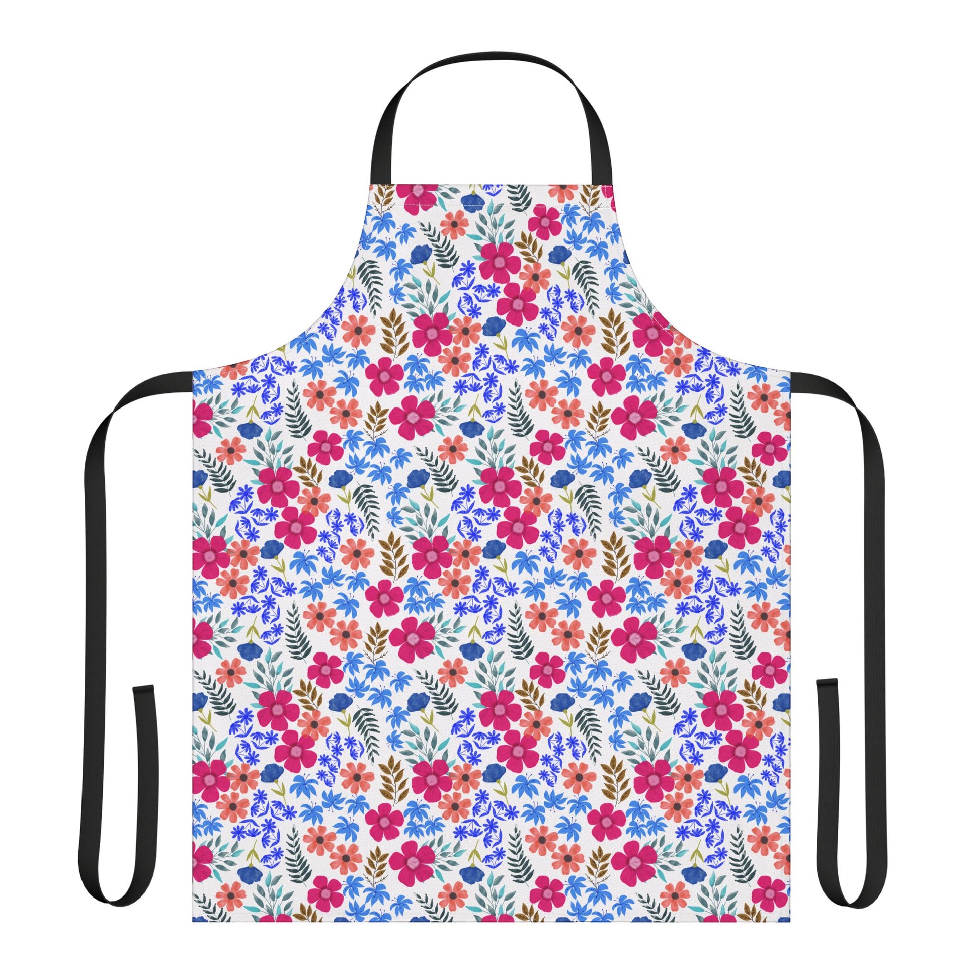 Apron Floral Design: A full-coverage kitchen apron featuring a watercolor-style floral pattern with black ties, crafted from 100% polyester canvas for comfort and durability. Ideal for enhancing joyful culinary experiences.