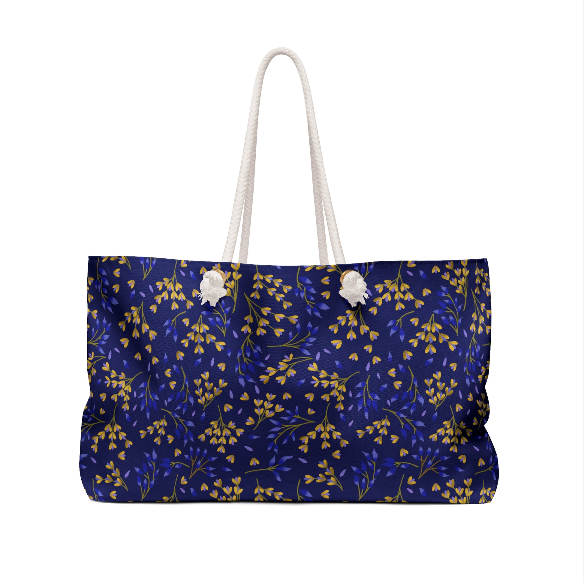 Weekender Bag with thick white rope handles and a deep navy blue body, featuring a delicate botanical pattern. Perfect for stylish travel, aligning with FireBrook Essentials' uplifting, practical design ethos.