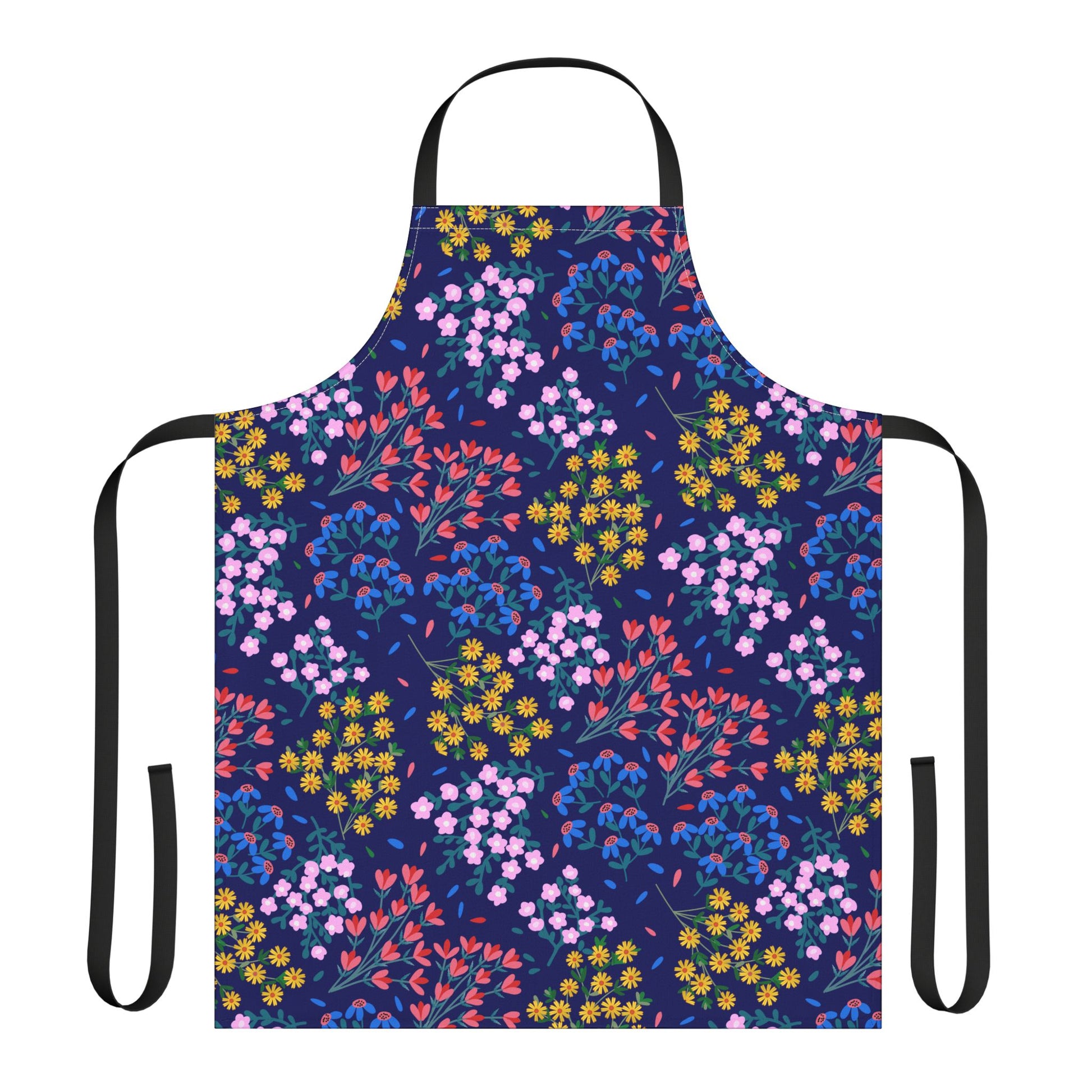 Floral Apron in a classic bib shape, featuring vibrant floral patterns on a navy-blue background with black straps, embodying FireBrook Designs' joyful and stylish essence for versatile kitchen and craft use.