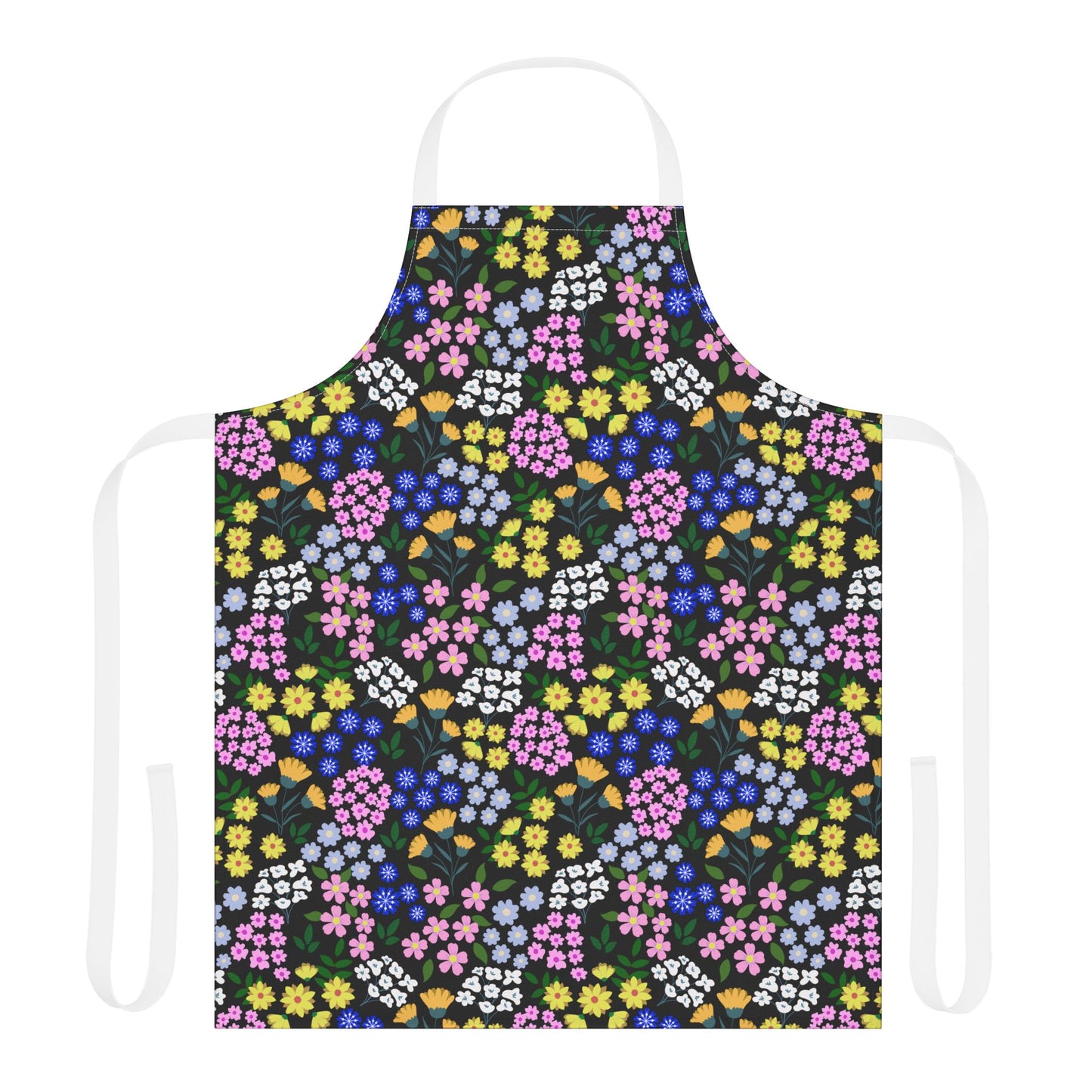 Apron Floral Design: A vibrant apron with a multicolored floral pattern, featuring a white neck loop and ties, crafted from soft, stain-free polyester canvas, perfect for joyful, stylish cooking and crafting.