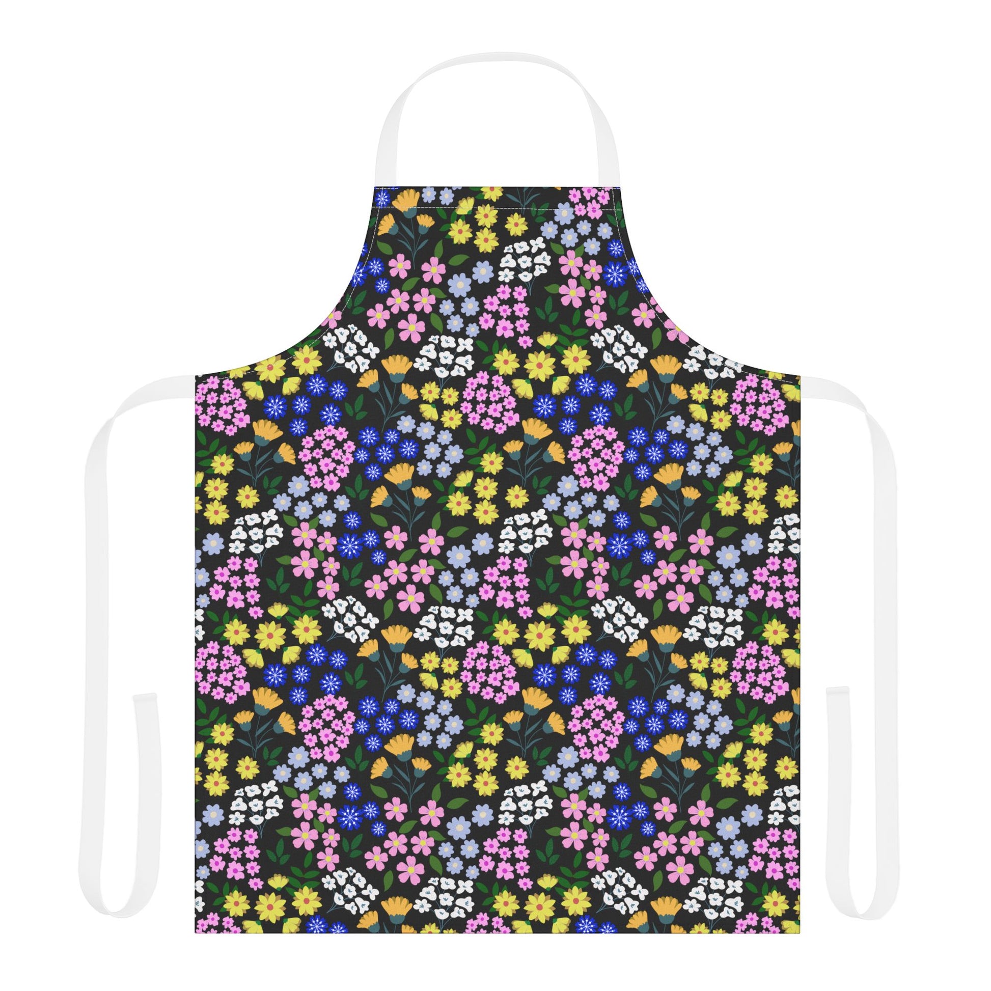 Apron Floral Design: A vibrant apron with a multicolored floral pattern, featuring a white neck loop and ties, crafted from soft, stain-free polyester canvas, perfect for joyful, stylish cooking and crafting.