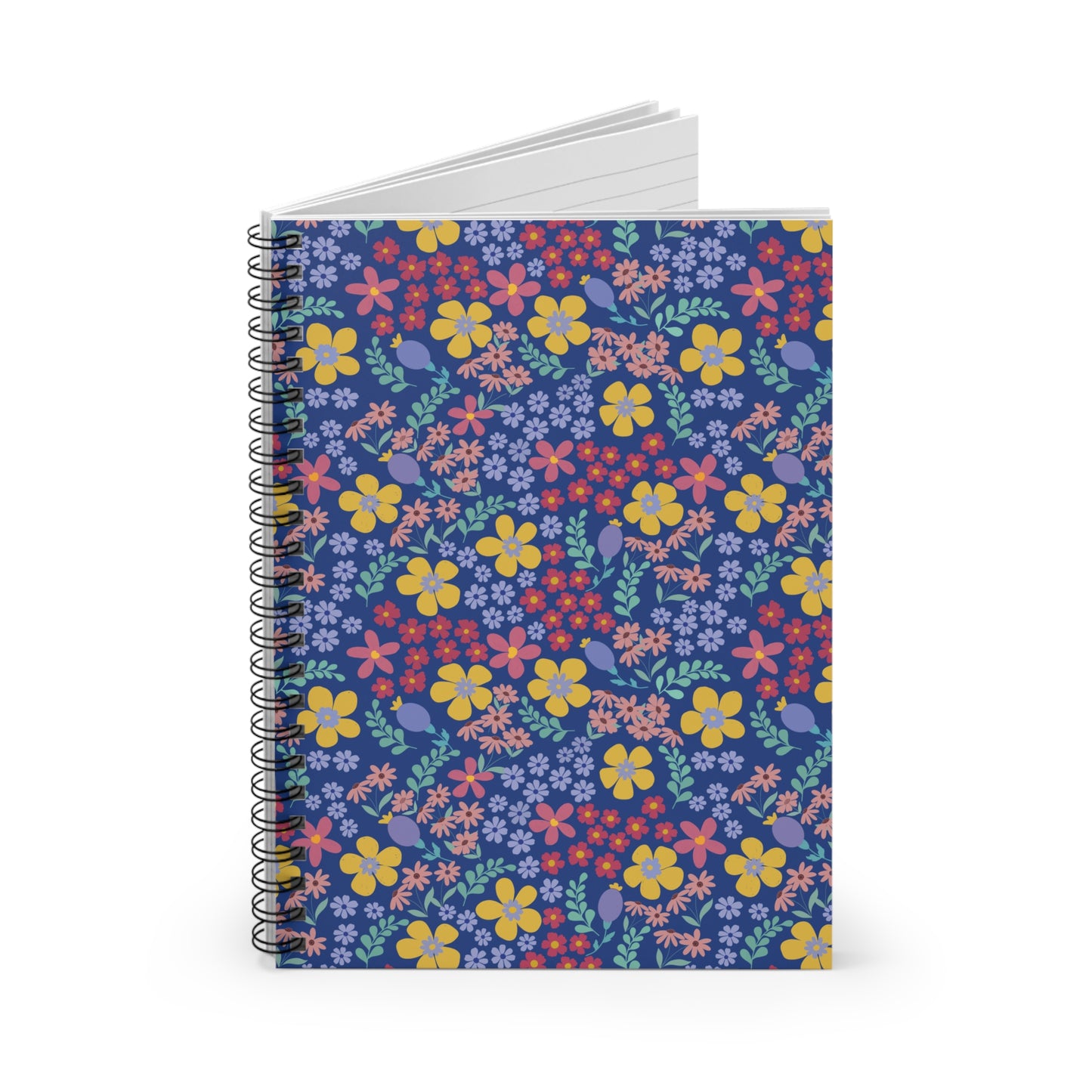 Floral Spiral Notebook with a navy blue cover featuring colorful stylized flowers and green leaves, showcasing a sleek metal spiral binding and white pages peeking at the top.