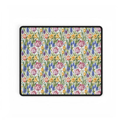Desk Mat - Spring Garden Tulips Daffodils Hyacinths showcases a floral pattern with blooming tulips, daffodils, and hyacinths, offering a calming workspace ambiance. Ideal for nature lovers and peaceful settings.