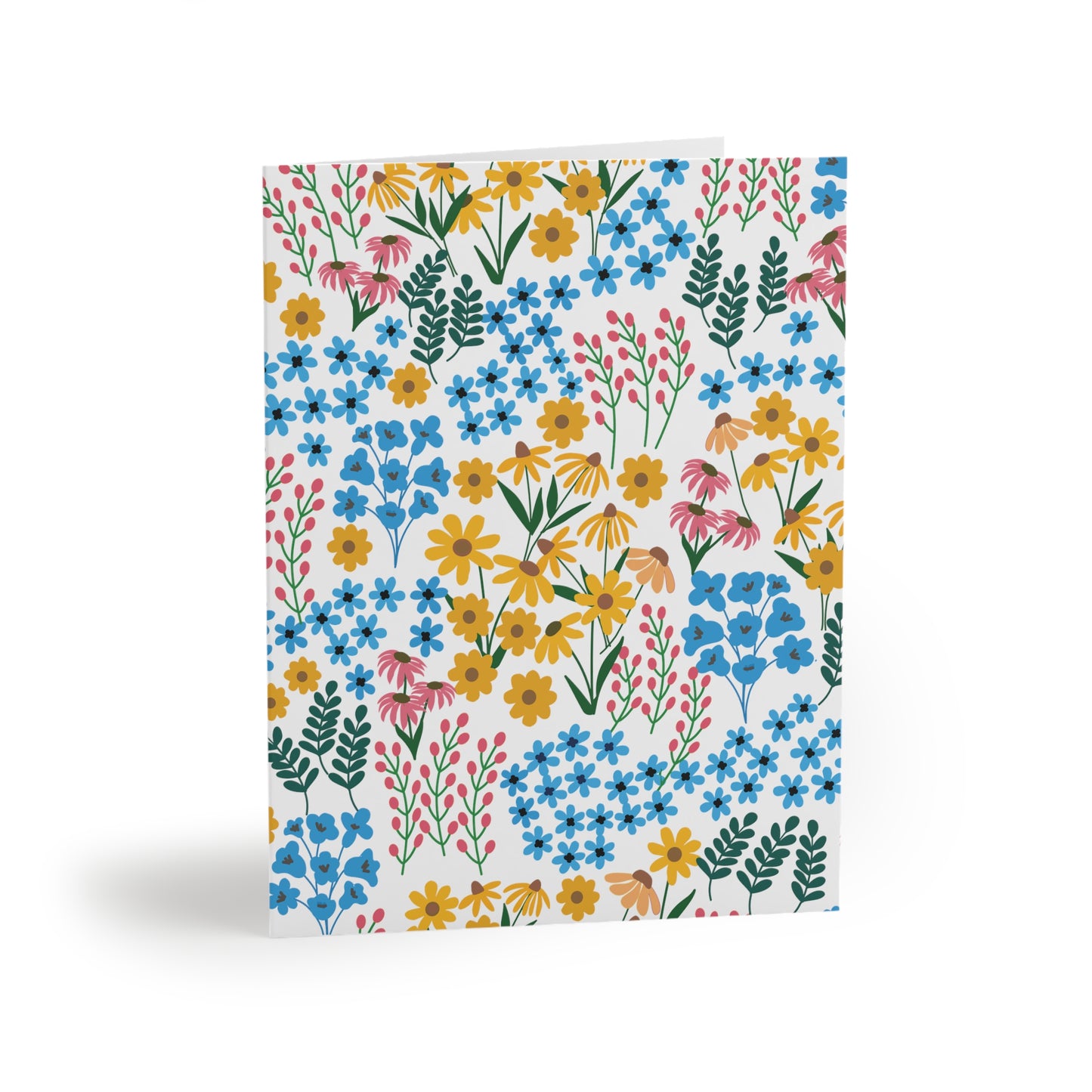 Floral Greeting Cards — Pack of 8/16/24, featuring hand-drawn blue, yellow, and pink blossoms with green foliage on a white background, capturing a vibrant springtime essence for uplifting, personal notes.